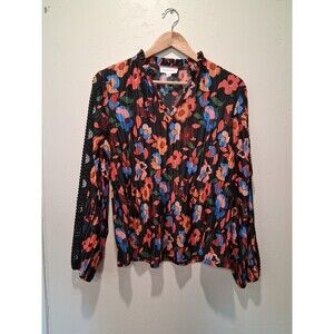 Rio & Rian Wmns Sz M Bright Multi Color Floral Pleat Long Sleeve Crochet‎ Inset